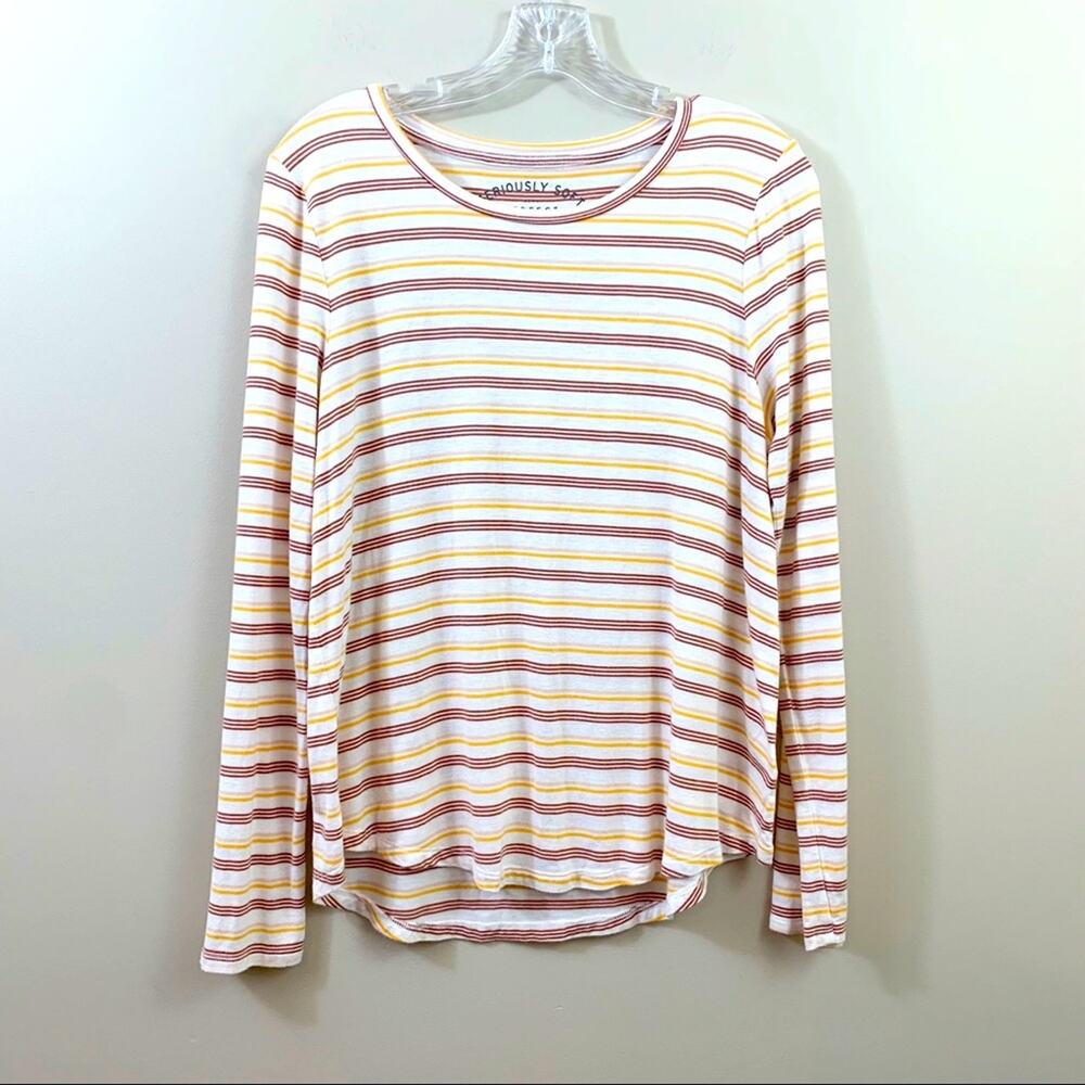 Aeropostale Seriously Soft Perfect Crew Striped White/Yellow Long Sleeve Top